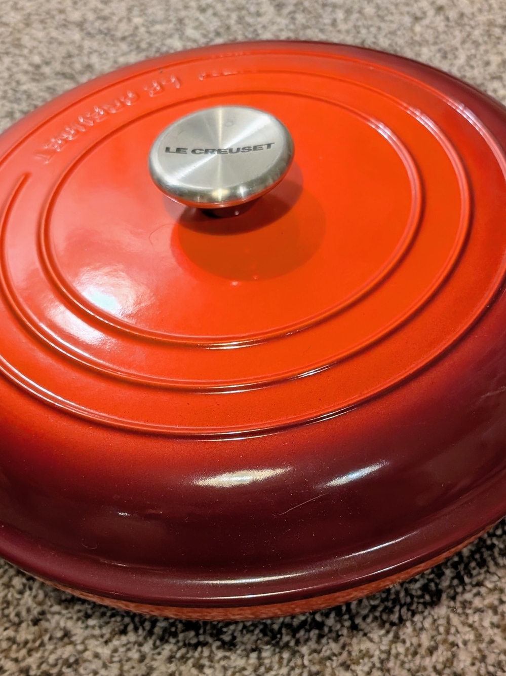 Le Creuset Orange-Red Enamel Cast Iron Dutch Oven Lid with Stainless Knob